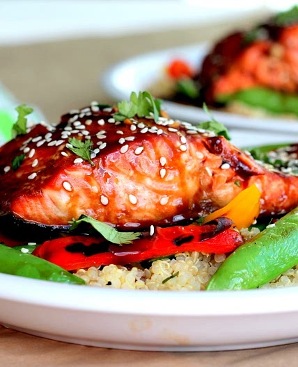 Sesame Ginger Sweet Teriyaki Salmon with Garlic Quinoa Stir-fry