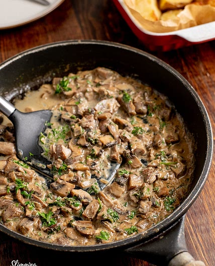 Creamy Garlic Mushrooms with Roasted Jacket Potatoes
