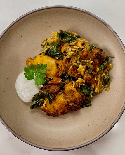 Chicken Shawarma Orzo with Yogurt Sauce