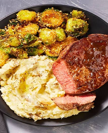 Balsamic-and-Fig Beef Tenderloin with Garlic Mashed Potatoes and Rosemary Breadcrumb Brussels Sprouts