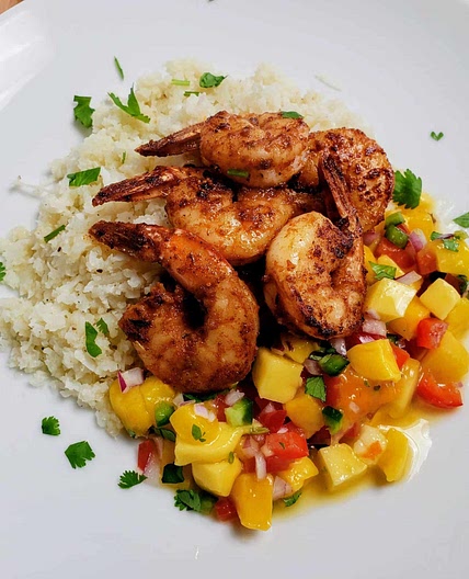 Shrimp with Coconut Cauliflower Rice and Mango Salsa