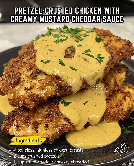 Pretzel-Crusted Chicken with Creamy Mustard Cheddar Sauce