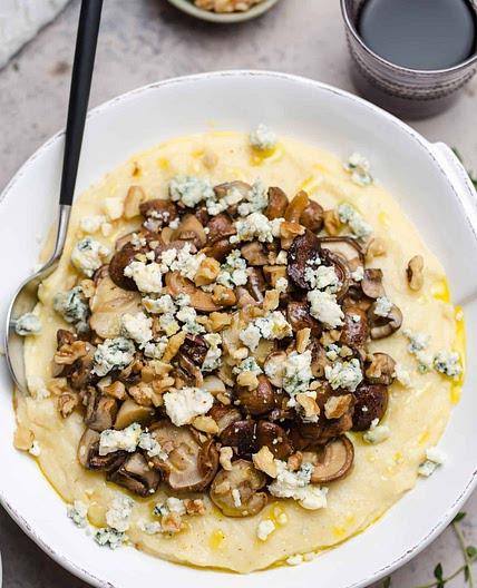 Creamy Polenta with Roasted Mushrooms & Blue Cheese