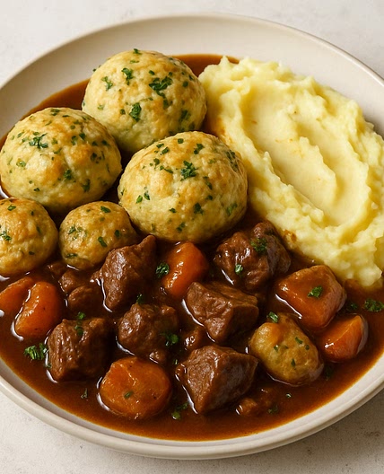 Beef Stew with Herby Dumplings & Mashed Potatoes