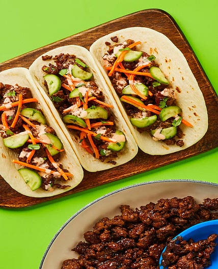 One-Pan Banh-Mi-Style Beef Tacos with Pickled Cucumber and Sriracha Mayo