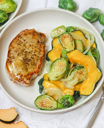 Maple-Dijon Pork Chops with Acorn Squash & Brussels Sprouts