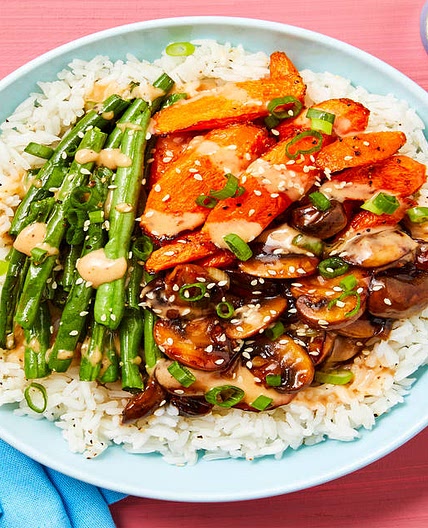 Vegan Firecracker Mushroom Rice Bowls with Roasted Veggies, Scallions & Sesame Seeds
