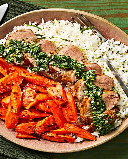 Chimichurri Pork Tenderloin with Honey-Roasted Carrots & Lime Rice