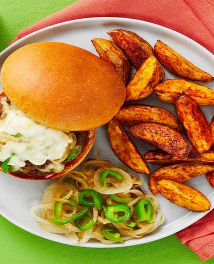 Smothered Pepper Jack Burgers with Spicy Ketchup & BBQ Potato Wedges