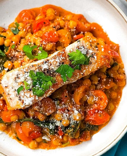 One Pan Creamy Chickpea and Tomato Salmon Recipe