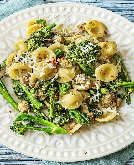 "Little Ears" Pasta with Sausage, Baby Broccoli, and Pesto