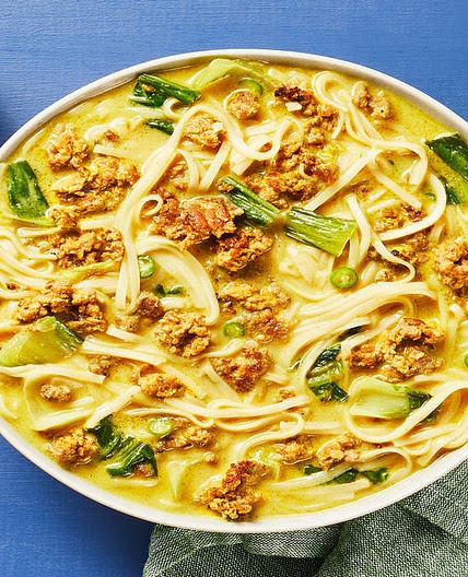 Spicy Coconut Curry Pork Noodle Soup with Bok Choy, Napa Cabbage & Lemon