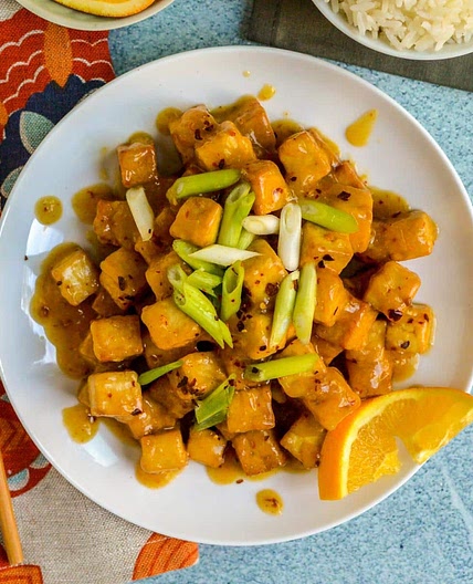 Sweet and Spicy Orange Tofu (Air Fried or Baked without Oil)