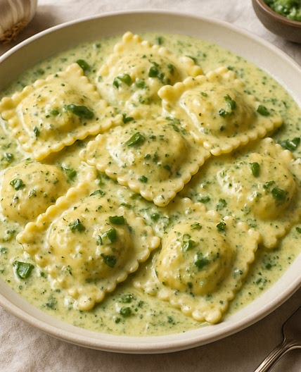 Ravioli with Garlic Pesto Cream Sauce
