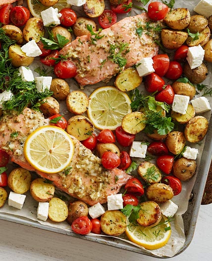 Greek Lemon Garlic Sheet Pan Salmon with Potatoes