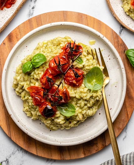 Vegan Pesto Risotto with Roasted Tomatoes