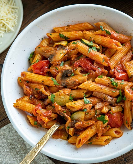 Mushroom, Bacon, Tomato and Zucchini Pasta