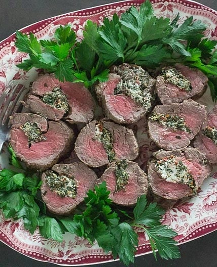 Beef Tenderloin Stuffed with Goat Cheese, Spinach & Sun-Dried Tomatoes