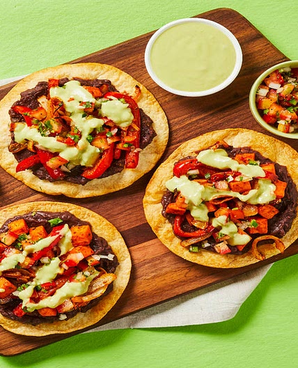Vegan Sweet Potato & Black Bean Tostadas with Bell Pepper, Salsa & Creamy Guacamole