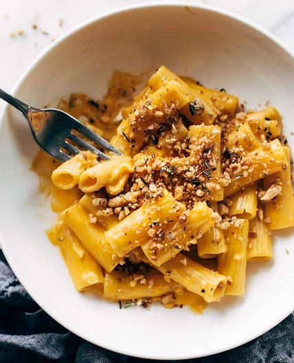 Pumpkin Rigatoni with Rosemary Walnut Crispies