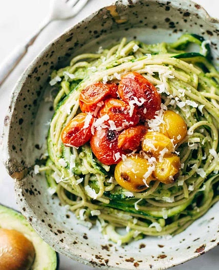 Burst Tomato and Zucchini Spaghetti with Avocado Sauce