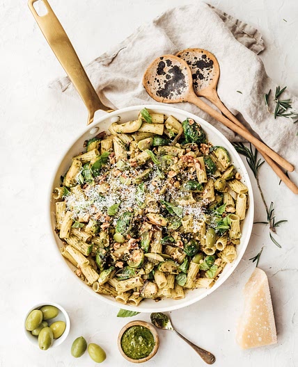 Rigatoni with Brussels Sprouts & Kale Pesto