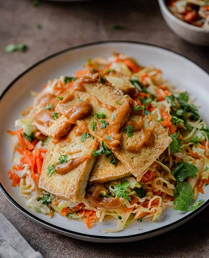 Crispy Tofu with Peanut Sauce and Cabbage Slaw