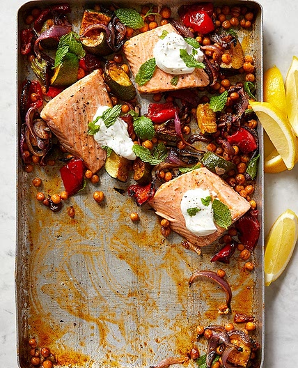 WW Cafe Roasted Salmon with Chickpeas, Zucchini and Red Pepper