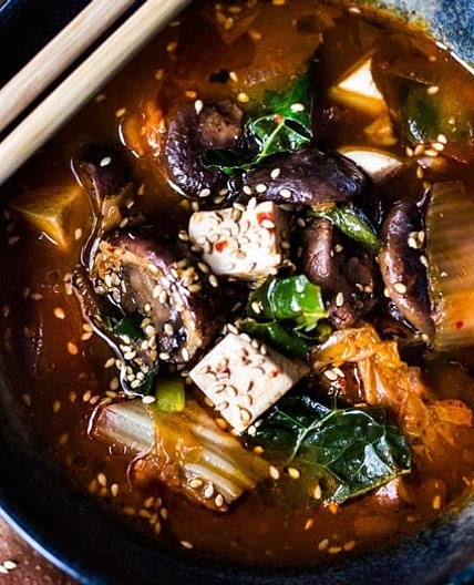 Kimchi Soup with Mushrooms, Silken Tofu and Kale