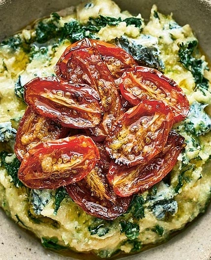 Spinach and Blue Cheese Polenta with Slow-Roasted Tomatoes