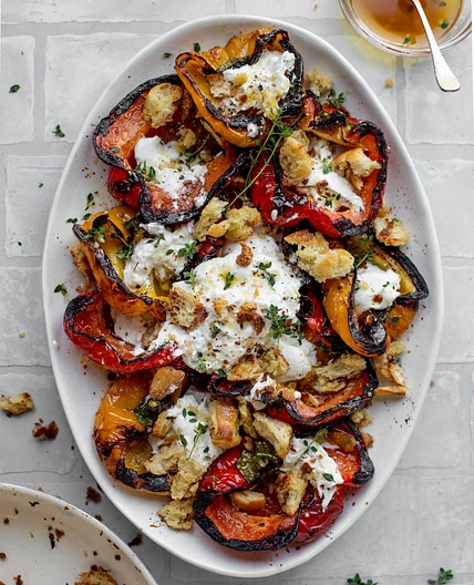 Grilled Marinated Peppers with Burrata and Breadcrumbs