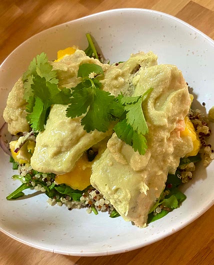 Aromatic poached chicken with quinoa mango salad
