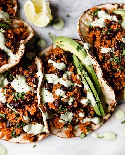 Black Bean Quinoa Tacos with Cilantro Lime Cashew Crema (Vegan, Dairy-Free)