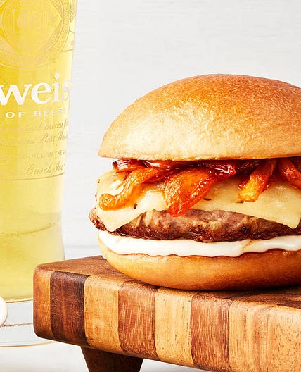 Gouda Pork Burgers with Caramelized Sriracha Onion & Smoky Roasted Broccoli