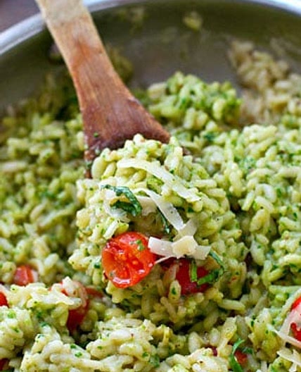 Parmesan Pesto Risotto with Cherry Tomatoes
