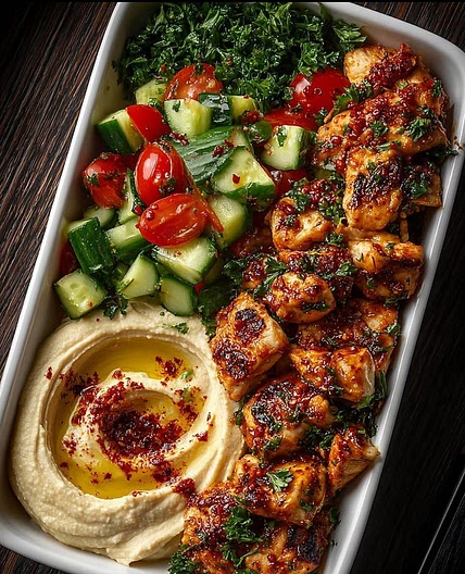 Spicy Garlic Chicken Bowl with Hummus & Cucumber Salad 
