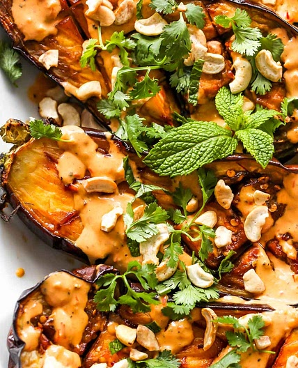 Roasted Eggplant with Harissa-Tahini Sauce