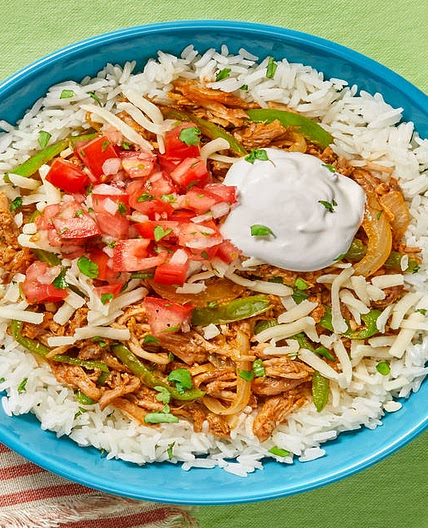 Pulled Pork Fiesta Bowls with Tomato Salsa, Bell Pepper & Monterey Jack Cheese