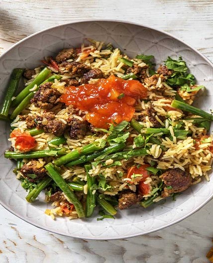 Aromatic Beef Pilaf with Tomatoes and Green Beans