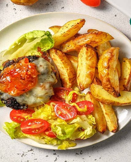 Cheesy Mexican Spiced Naked Burger with Wedges, Baby Gem Salad and Shallot Relish