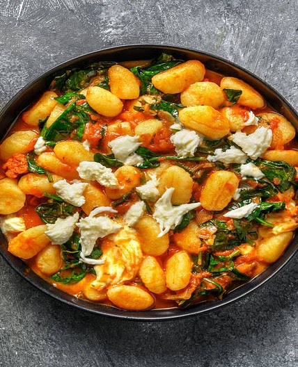 Chorizo and Mozzarella Gnocchi with Tomato Sauce and Spinach