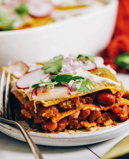 Pinto Bean & Veggie Green Enchilada Bake