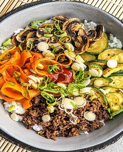 Korean Beef Bibimbap with Zucchini, Mushrooms, and Carrot