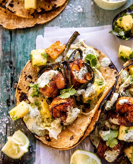Quick Poblano Pineapple Shrimp Tacos with Cilantro Jalapeño Ranch