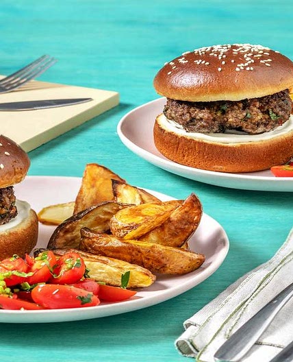 Herby Burgers and Wedges with Chimichurri Tomato Salad and Mayo