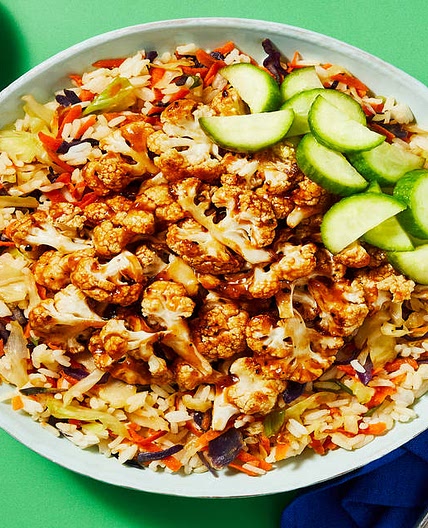 Sweet Heat Shrimp & Cauli Bowls with Cabbage-Carrot Rice & Pickled Cucumber