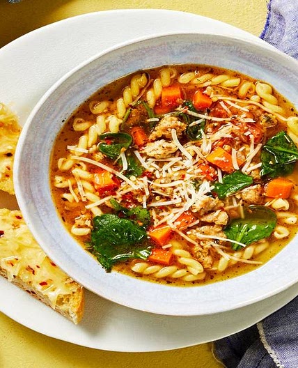 Italian Noodle Soup With Chicken Sausage, Gemelli Pasta, and Parmesan Toasts