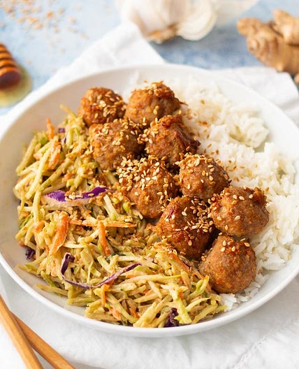 Spicy Turkey Meatballs with Peanut-Broccoli Slaw & Rice
