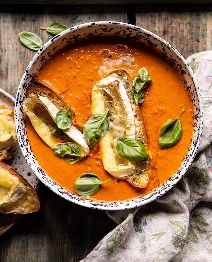 Easiest Herby Tomato Soup with Melted Brie Crostini