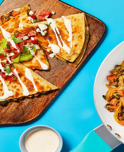 One-Pan Rajas Quesadillas with Salsa Fresca, Southwest Crema & Guacamole